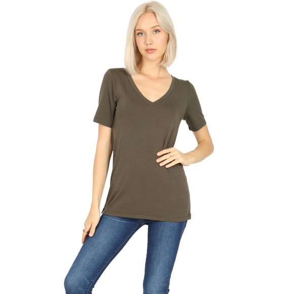 Zenana Dark Olive Wardrobe Staple V Neck Tee - Picture 2 of 3